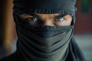 Naklejka premium Japanese ninja warrior dressed in samurai clothes holding a sharp sword
