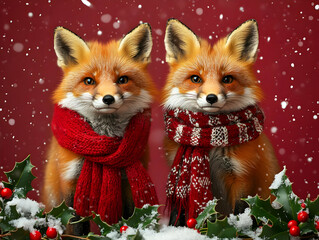 Obraz premium Two charming foxes in festive scarves against a snowy backdrop, capturing the holiday spirit.