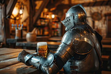 Naklejka premium A fantastic royal knight in armor drinks beer at a local bar