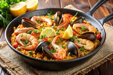 Spanish seafood paella, closeup view