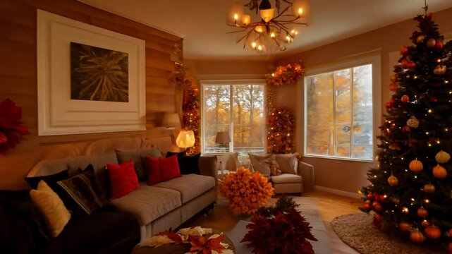 Cozy living room decorated for fall with warm inviting lighting and a christmas tree. the camera slowly rotates 360 degrees