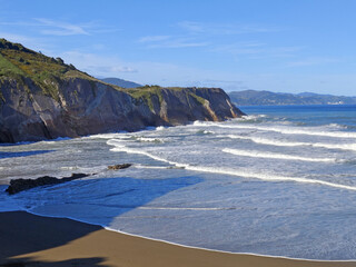The view of the beach in Zumaia village, Flysch Zumaia Geopark, Basque Country, Spain