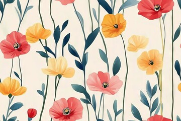 Seamless spring floral pattern with delicate blossoms and fresh greenery, ideal for seasonal designs, fabric prints, and nature-inspired backgrounds