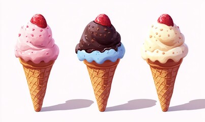 Isometric ice cream cone with scoops of vanilla, chocolate, and strawberry, fun dessert icon, 3D icon set