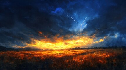 Fototapeta premium A dramatic stormy sunset with lightning striking over a field of golden grass.