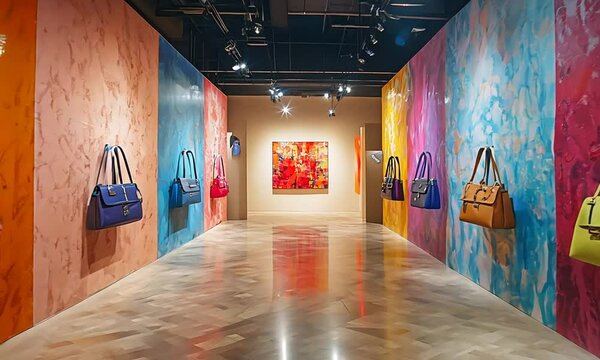 Colorful gallery showcasing stylish handbags against vibrant walls.