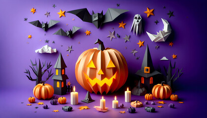An origami Halloween background with pumpkins in a paper craft style