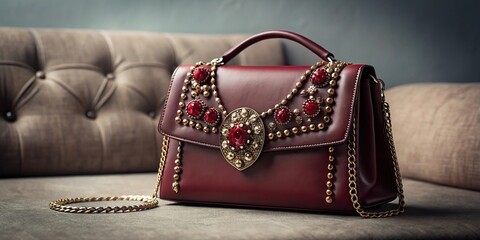 Luxurious dark red handbag with embroidery on a sofa, minimalist style