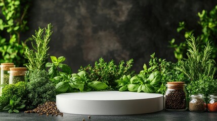 Fresh herbs and spices surround a white platform. A photo perfect for promoting products that focus on a natural, healthy lifestyle.