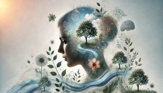 the natural double exposure image incorporating elements of transformation, coping, comity, intelligence, and mindfulness