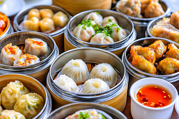 An overhead view showcases a spread of dim sum presented in bamboo steamers on a wooden table, featuring colorful