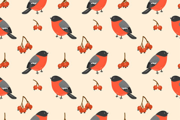 Seamless pattern with cute winter birds and berries. Bullfinch with a rowan branch. Winter red feather bird. Vector pattern with small forest birds. Flat style.