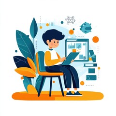 Child Engaged in Learning with Tablet at Home Setup