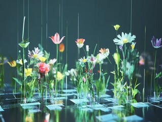 A vibrant arrangement of digital flowers growing from a reflective surface, set against a textured dark background, creating an enchanting, modern botanical scene.