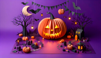 Fototapeta premium An origami Halloween background with pumpkins in a paper craft style