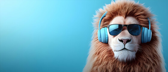 Fototapeta premium Cool lion wearing headphones and sunglasses, set against a vibrant blue background.
