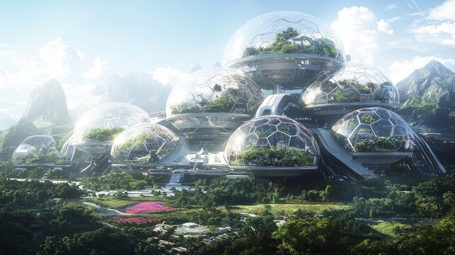Futuristic Megastructure: Interconnected Ecosystem Domes in Vibrant Landscape Digital Illustration