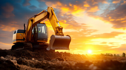 Excavator machine at sunset on a construction site, showcasing heavy machinery in action.