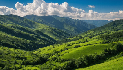 Naklejka premium Lush green mountains under a bright blue sky with fluffy white clouds, creating a serene and open landscape.