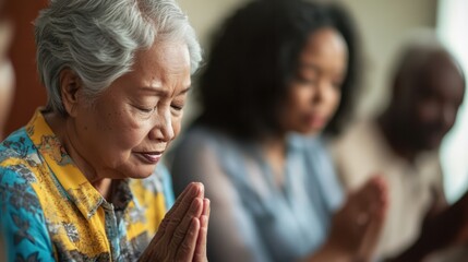 Fototapeta premium Depression in the Elderly, focusing on Asian and African-American elderly individuals receiving support from diverse family members in calm, peaceful environments