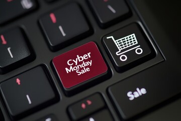 Keyboard and Shopping Cart Icon: A computer keyboard with a prominent "Cyber Monday Sale" sticker placed on the enter key, with an image of a shopping cart on the side
