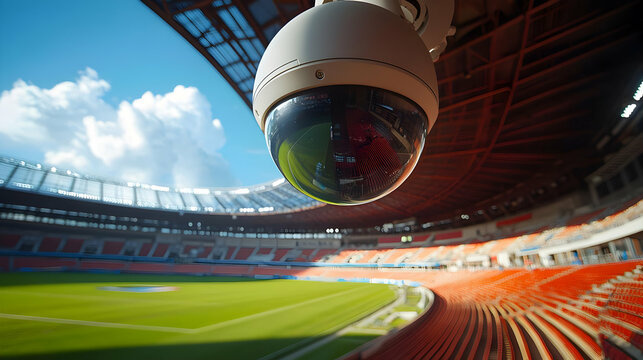 Security camera monitoring empty stadium with bright field and blue sky in the background.