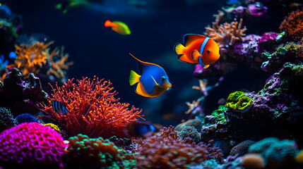 Obraz premium Vibrant coral reef ecosystem with colorful fish and corals, showcasing marine life diversity in a stunning underwater setting.