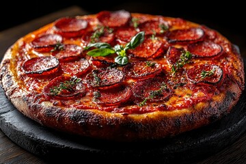 Close-up of a Pepperoni Pizza with Basil and Thyme