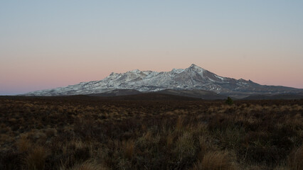 Panoramic view of Mount Ruapehu, New Zealand at dawn