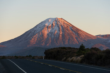 View of Mount Ngauruhoe at dawn. A stratavolcano