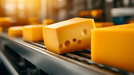 Slice of cheese on a production line in a dairy factory, showcasing its vibrant yellow color and distinctive holes.