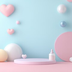A dreamy pastel backdrop with colorful hearts and spheres, perfect for product displays and creative photography.