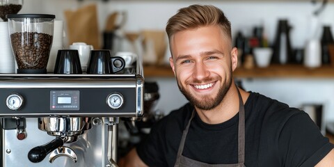 Happy Barista Making Coffee at Cafe  Coffee Shop  Espresso Machine  Cafe Culture