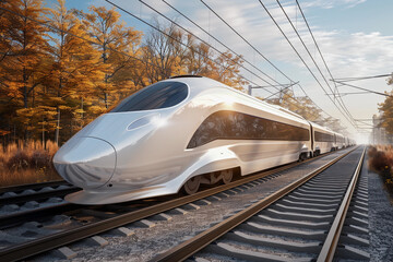 Naklejka premium Modern high-speed train in fast motion passes through railway stations