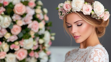 Naklejka premium Beautiful Bride with Flower Crown and Lace Dress