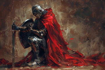 Fantastic royal knight in iron armor guards castle chambers