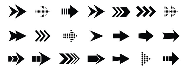 Set of black and white arrows. Collection of different arrow signs. Cursor arrow direction symbols in flat style.