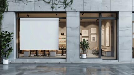 Modern cafe with large windows, plants, and roll down shading