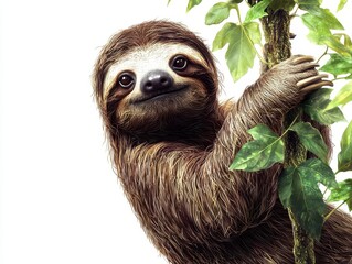 Fototapeta premium Sloth hanging on a branch, white isolated background.