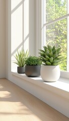 Fototapeta premium Three potted plants on a windowsill, bright natural light, contemporary interior design.