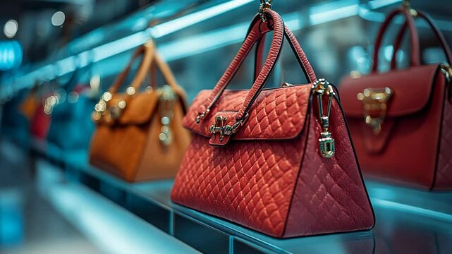 A variety of handbags are displayed in a retail store