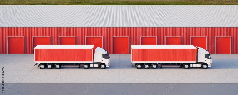 Wall mural Two white trucks parked in front of red storage units.