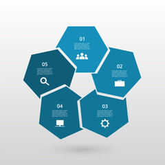 Step by step blue infographic template with 5 steps, options, parts or processes.