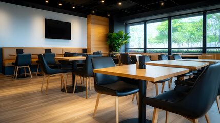 Fototapeta premium Spacious modern restaurant interior with wooden tables and black chairs, bright natural light from large windows.