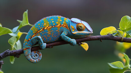 Fototapeta premium A vibrant chameleon perched on a branch, showcasing its colorful skin and unique texture against a blurred green background.