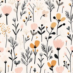 Delicate floral pattern with various shapes and colors on a light background.