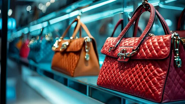 A variety of handbags are displayed in a retail store