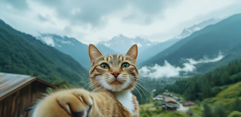 Obraz premium A playful cat in a mountainous landscape, featuring a natural backdrop with misty hills and a serene village below.
