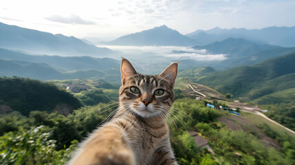 Obraz premium A playful cat taking a selfie against a stunning mountainous backdrop with lush green hills and a cloudy sky.