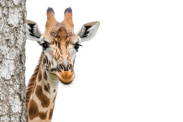 Obraz premium Giraffe peeking from behind a tree, white isolate background